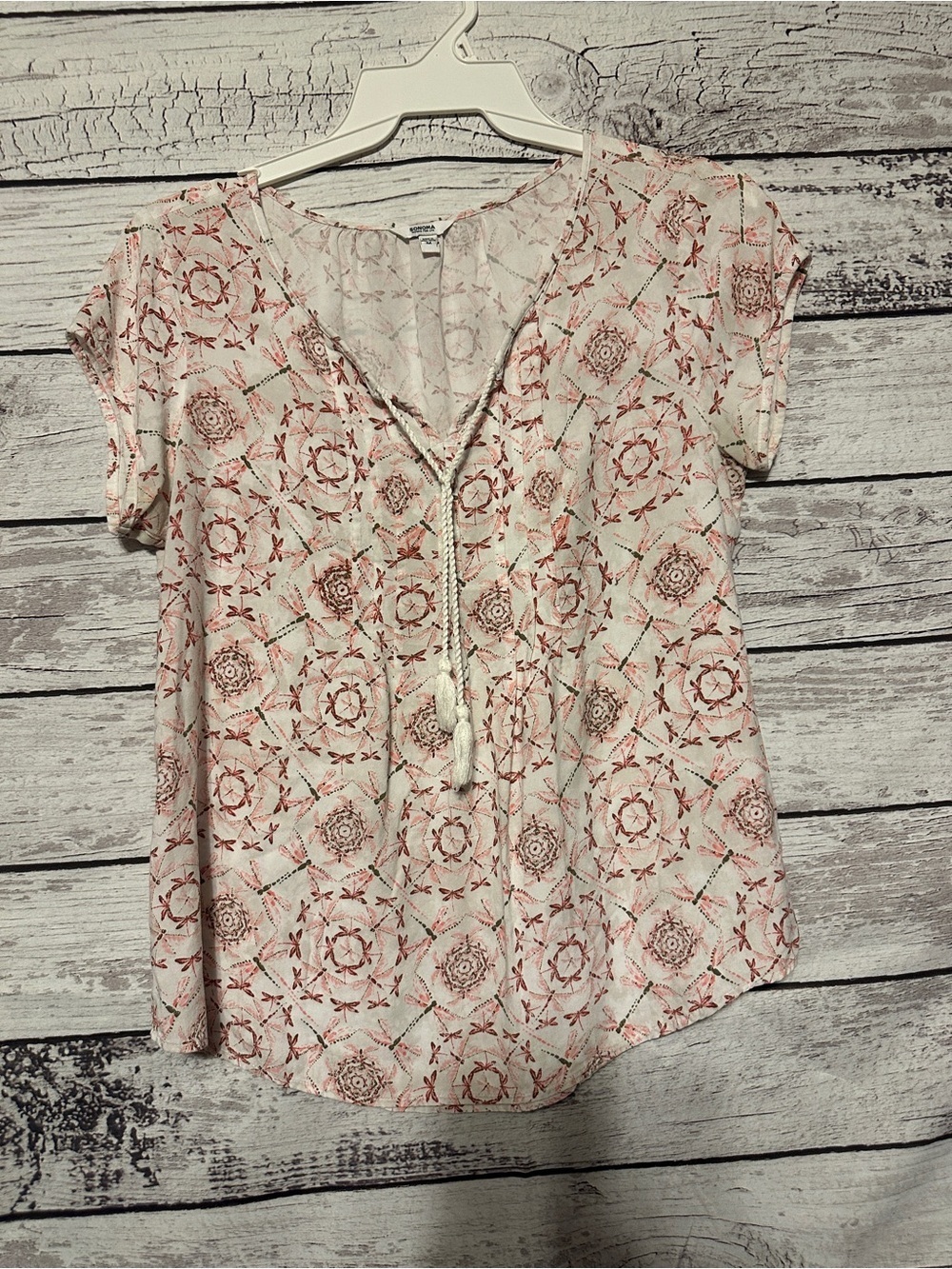 Sonoma Boho Tassel Tie Blouse Medium Rayon Floral Peasant Top Lightweight